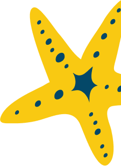 A cartoon yellow starfish with five arms and dark blue spots, including a star shape in its center.