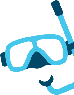 A blue and dark blue snorkel mask and tube are angled on a white background.