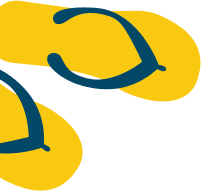 A pair of yellow flip-flops with dark blue straps are partially visible against a white background.