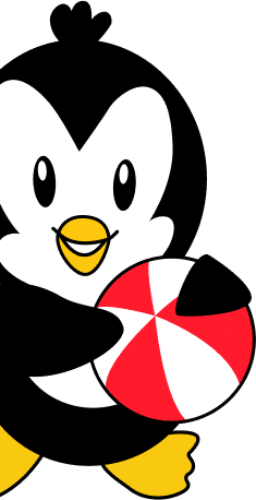 A cartoon black and white penguin with a yellow beak and feet holds a red and white beach ball.