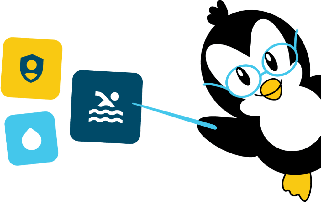 A cartoon penguin in blue glasses points to a blue square with a white swimming icon, next to two other icons.