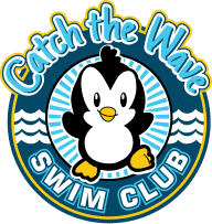 A cartoon penguin stands in a blue circle with white waves and "Catch the Wave Swim Club" text.