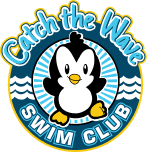 A cartoon penguin stands in a blue circle with white waves, "Catch the Wave Swim Club" written above and below.