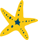 A bright yellow starfish with five arms and dark blue spots, including a larger one in the center.