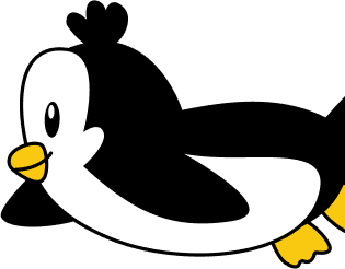 A cartoon penguin with a black body, white face and belly, and yellow beak and feet, is smiling.