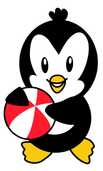 A cute cartoon penguin with black and white fur, yellow feet, and a yellow beak holds a red and white beach ball.