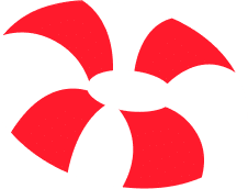 A red and white graphic of five curved, petal-like shapes radiating from a central white oval.