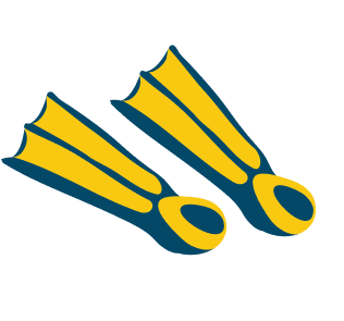 A pair of yellow and dark blue swimming fins, with one slightly above and to the right of the other.