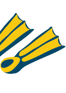 Two yellow and dark blue swimming fins, angled upward and to the right, on a white background.