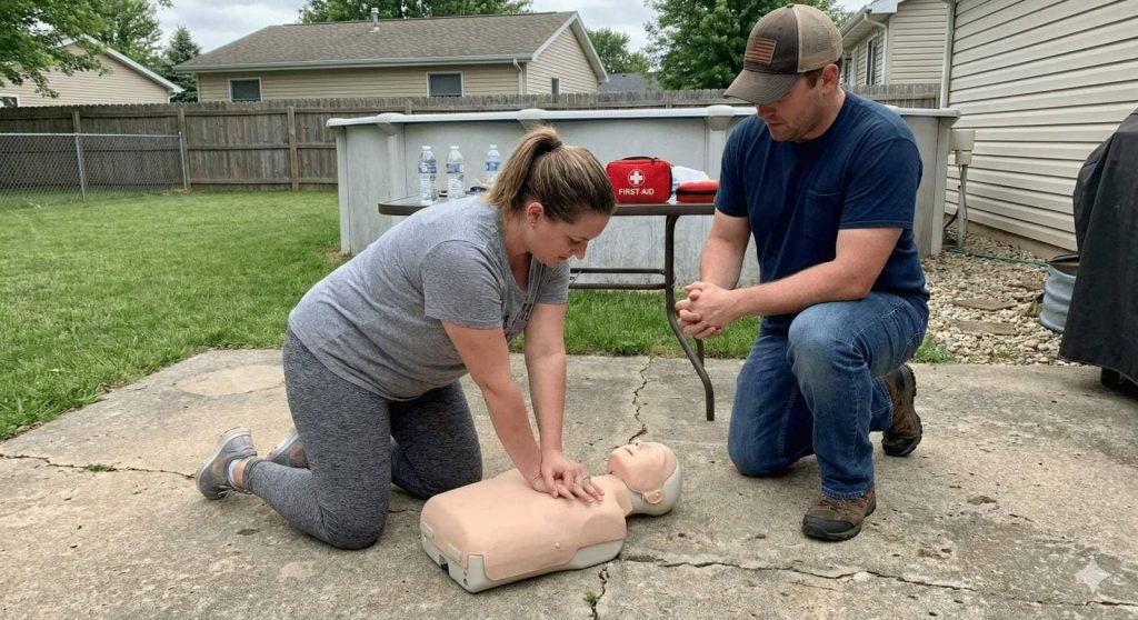 A woman performs CPR on a mannequin while a man kneels beside her, observing the training outdoors.