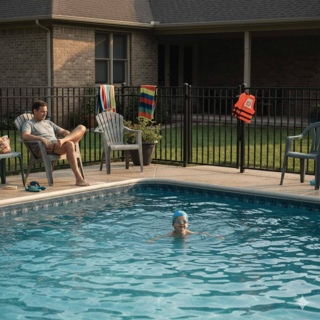 A man sits poolside in a chair while a child in a blue swim cap and goggles swims in the pool.