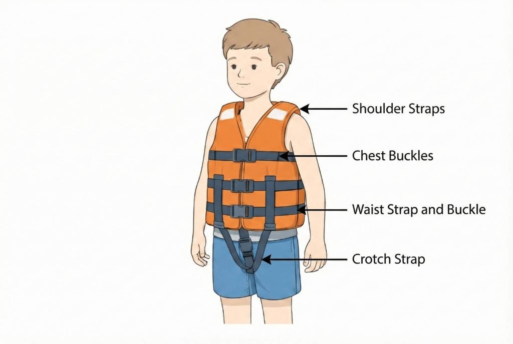 A cartoon boy in blue shorts wears an orange life vest with labels: "Shoulder Straps," "Chest Buckles," "Waist Strap and Buckle," and "Crotch Strap."