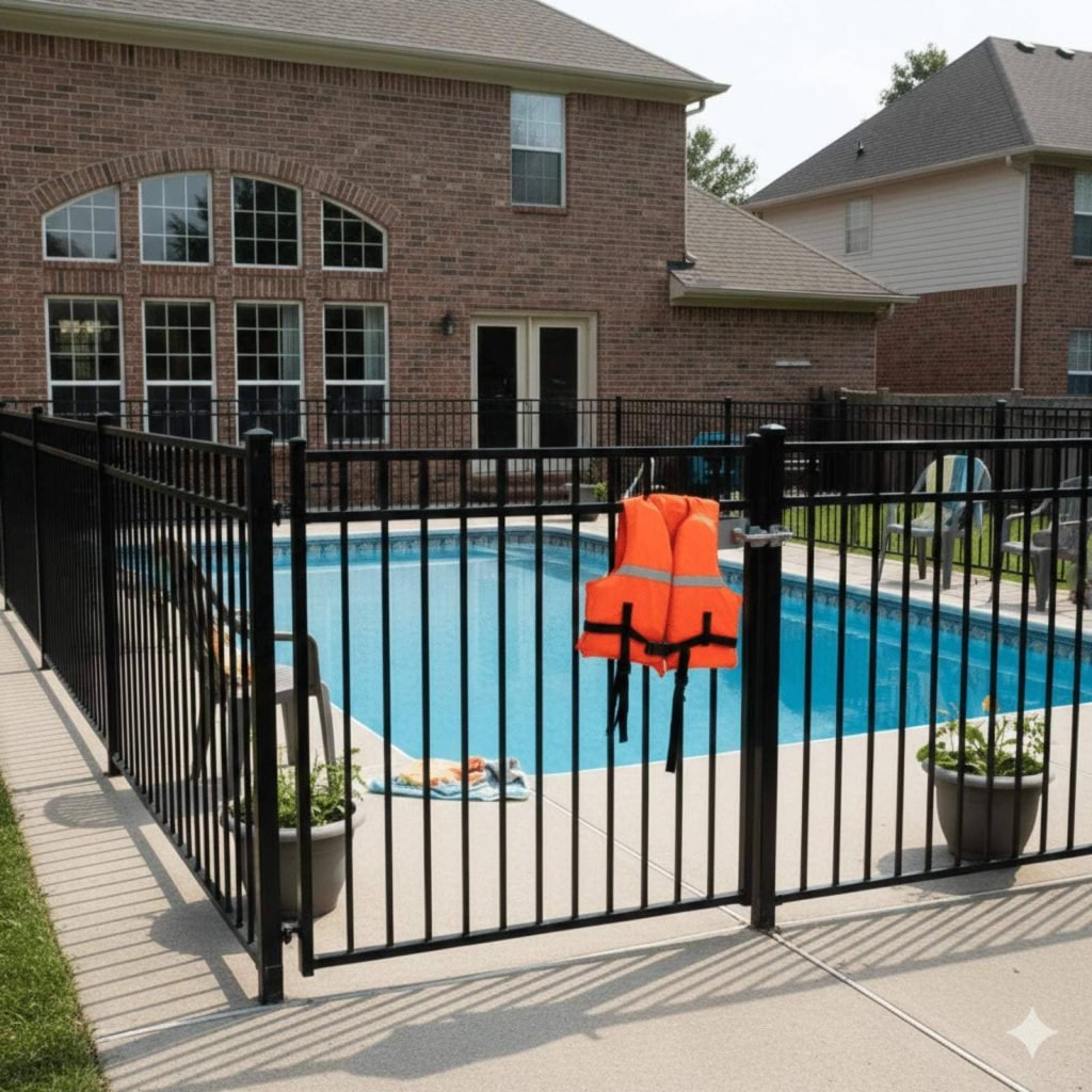 An orange life vest hangs on a black metal fence surrounding a bright blue swimming pool behind a brick house.