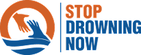 An orange hand reaches down to a blue hand in water, next to "STOP DROWNING NOW" in orange and blue.