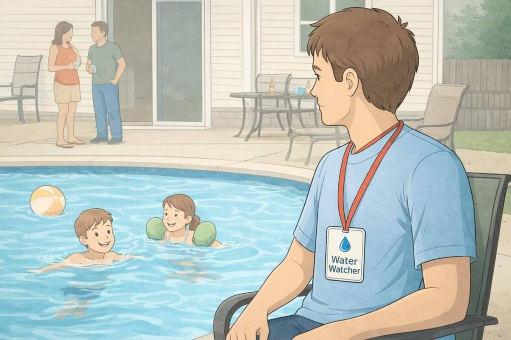 A man wearing a "Water Watcher" badge sits by a pool where two children swim, as adults chat nearby.